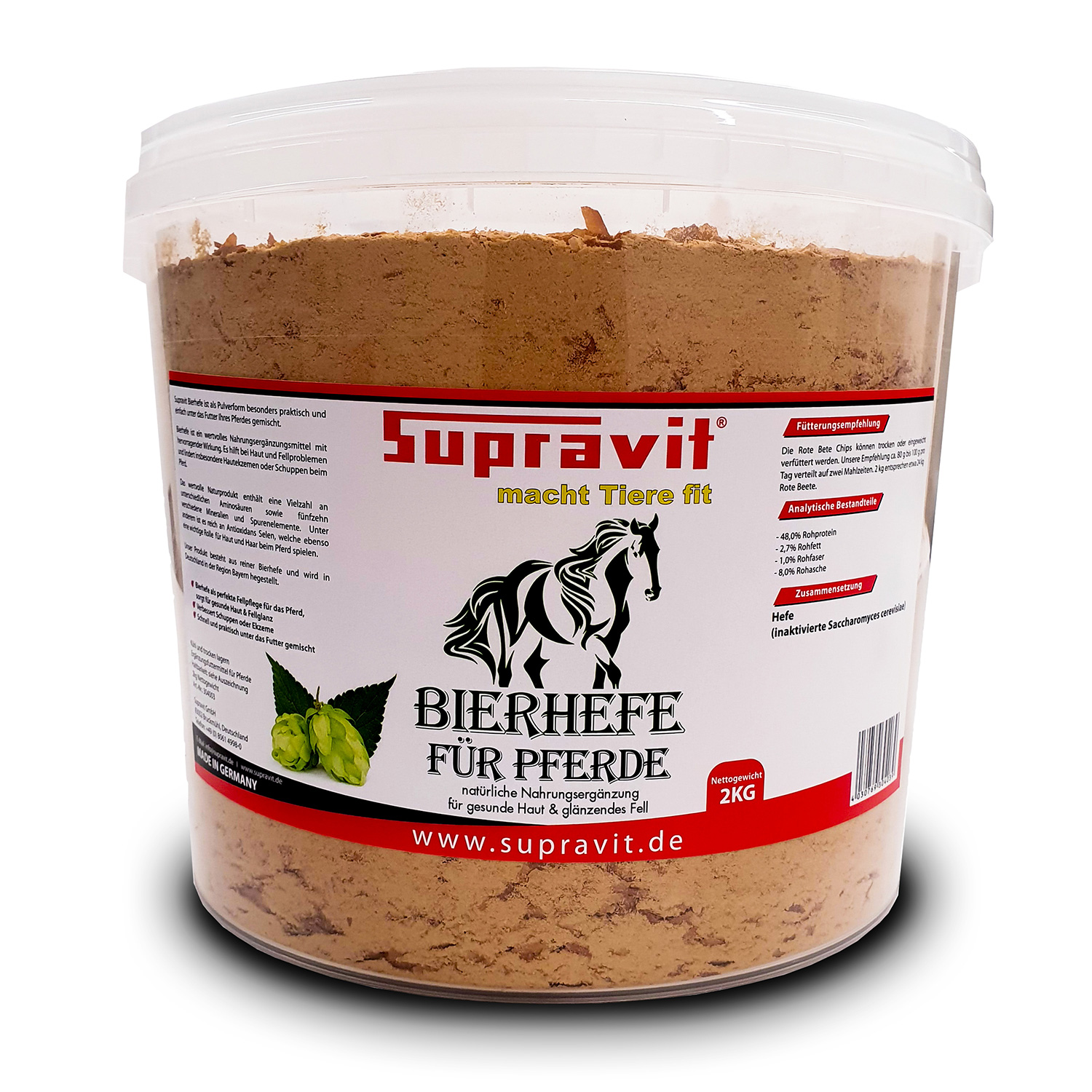 Supravit Bierhefe - 2kg Eimer – Ergänzungsfutter für Pferde - 100% Natur für glänzendes Fell & gesunde Haut - unterstützt die Verdauung